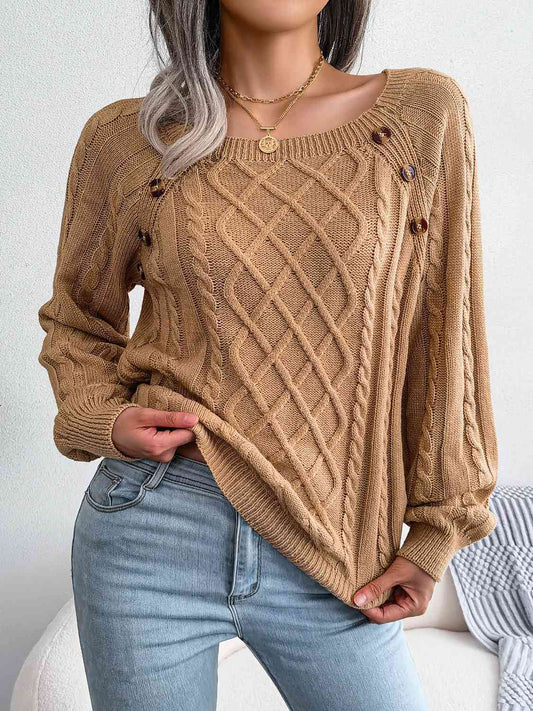 Decorative Button Cable-Knit Sweater