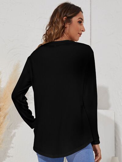 Decorative Button Round Neck Long Sleeve T-Shirt