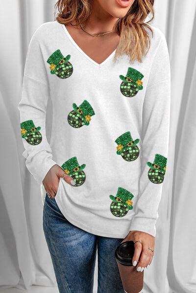 Sequin V-Neck Long Sleeve T-Shirt