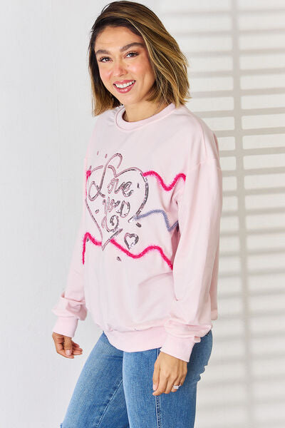 LOVE YOU Heart Sequin Round Neck Sweatshirt