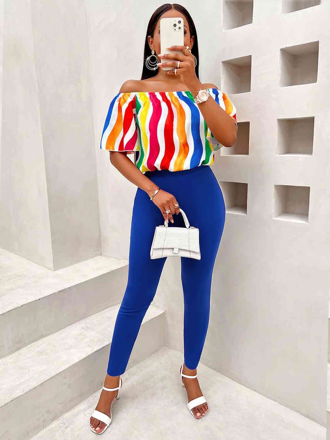 Multicolor Off Shoulder Top and Long Pants Set