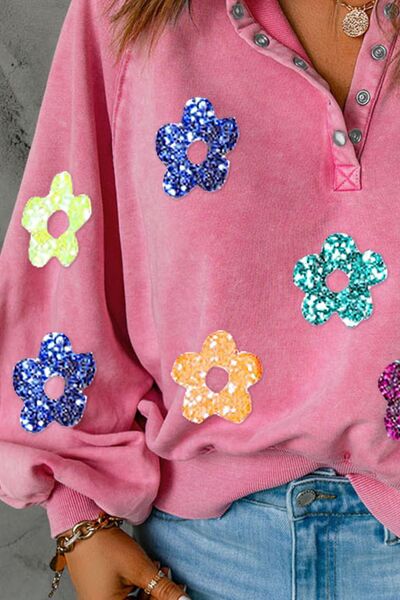 Sequin Flower Half Snap Lantern Sleeve Sweatshirt