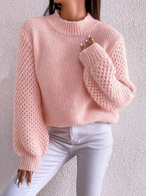 Openwork Mock Neck Long Sleeve Sweater