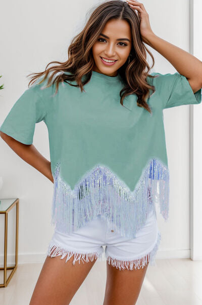 Fringe Round Neck Short Sleeve T-Shirt