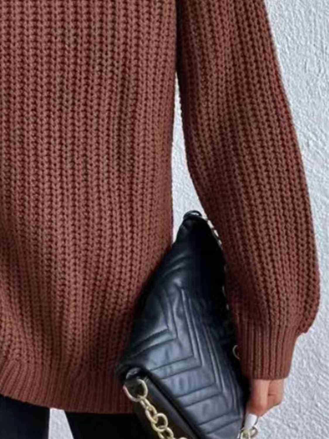 Full Size Turtleneck Rib-Knit Slit Sweater