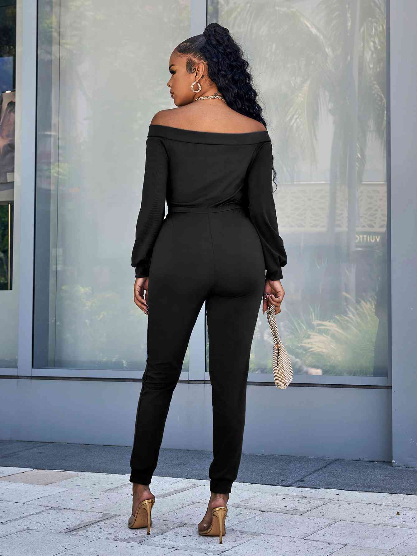 Lace-Up Off-Shoulder Long Sleeve Jumpsuit