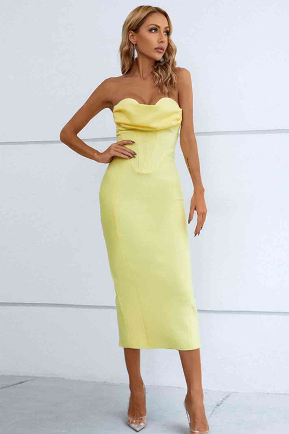 Seam Detail Strapless Sweetheart Neck Dress