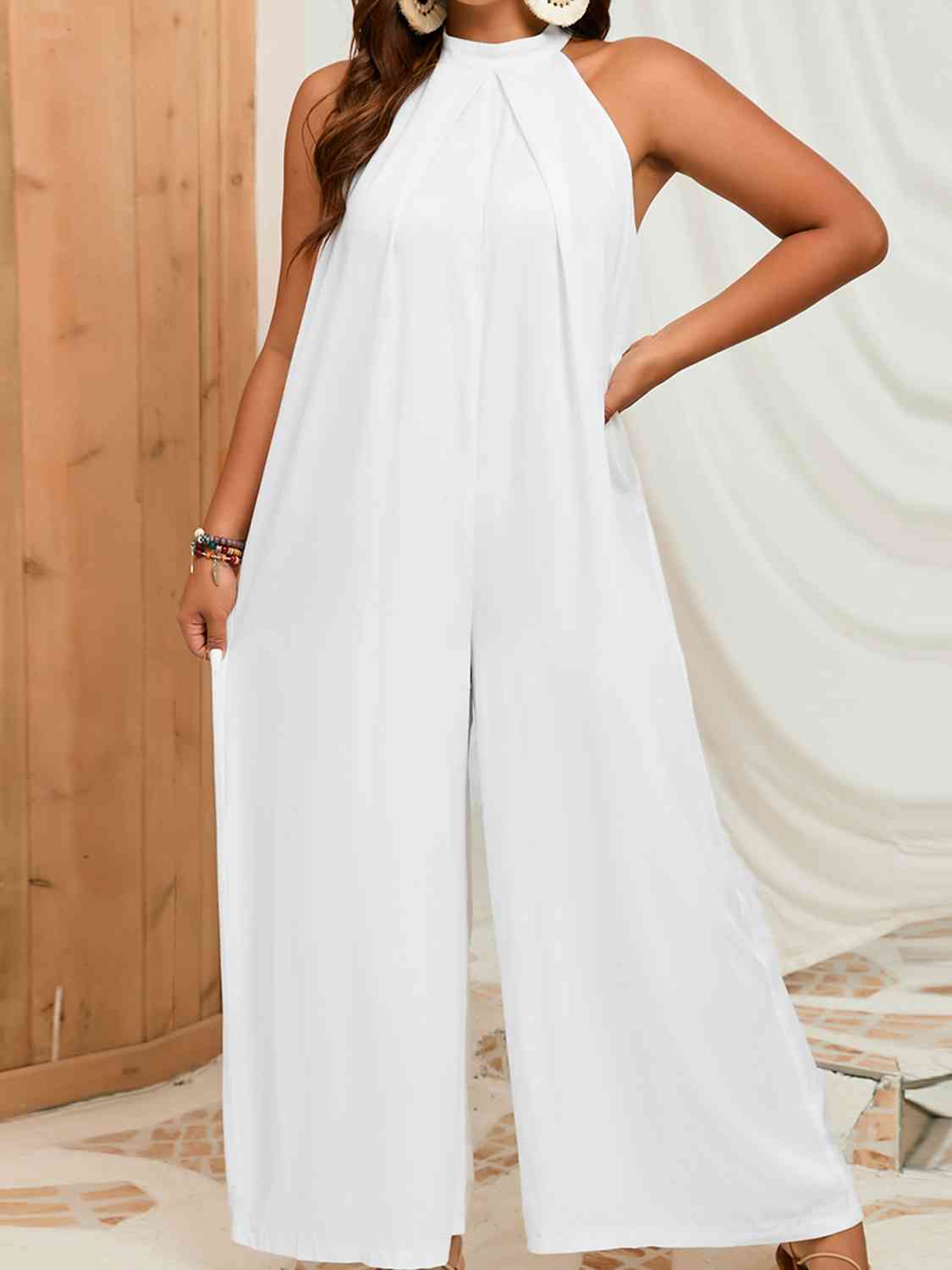 Plus Size Sleeveless Halter Neck Wide Leg Jumpsuit